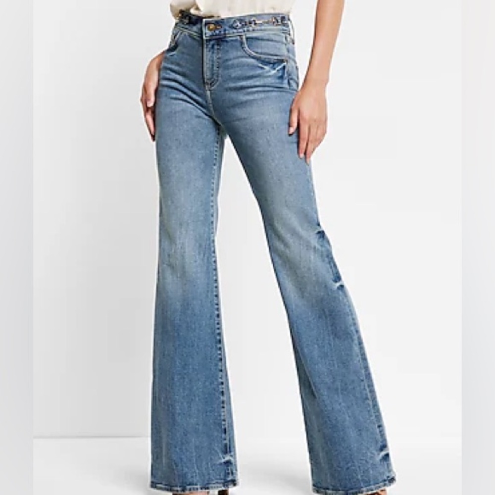 Blue Med.Wash  70’s Retro Flare Bell Bottom Jeans w/ Horsebit Equestrian